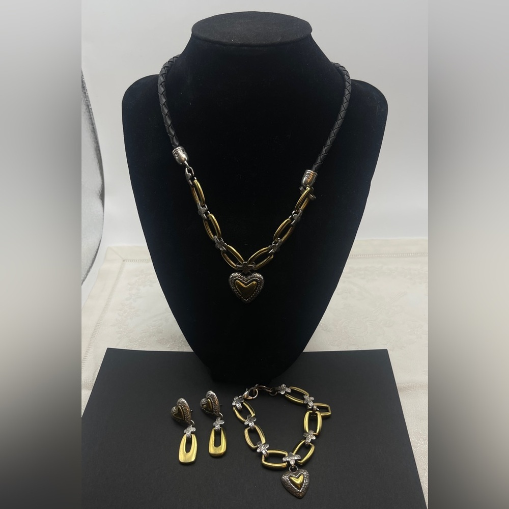 Brighton Two Tone Gold and Silver Heart Necklace Bracelet Earrings Matching